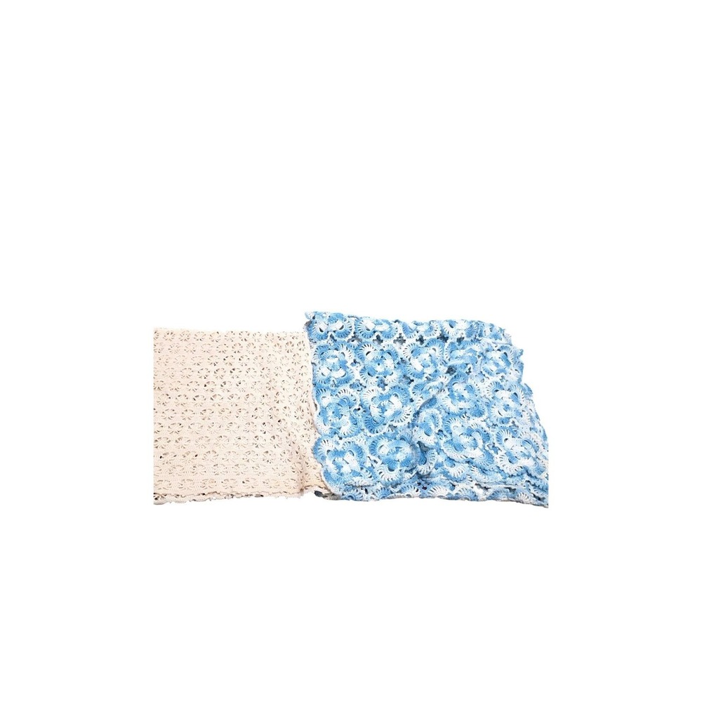 VTG Handmade Crochet Table Runners Beige & Blue Floral Rectangular Style 2 Piece